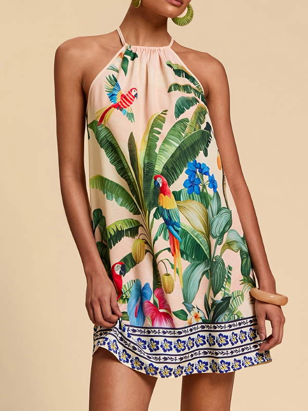 Ženska haljina bez rukava s halter vratom, tropskim cvjetnim uzorkom, boho stil, poliester materijal