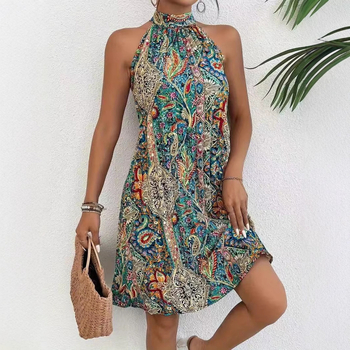 Boho haljina bez rukava s halter vratom, cvjetni uzorak, poliester, srednja duljina, A-linija