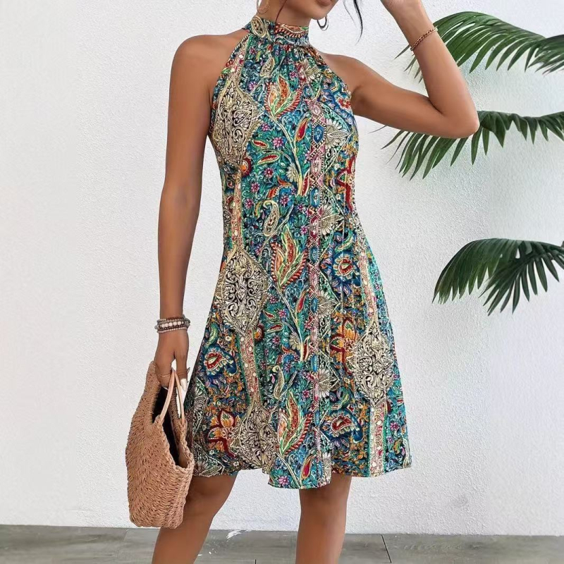 Boho haljina bez rukava s halter vratom, cvjetni uzorak, poliester, srednja duljina, A-linija