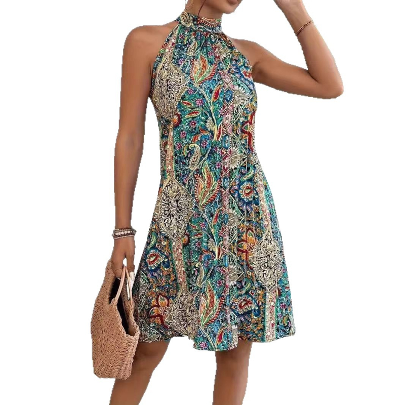 Boho haljina bez rukava s halter vratom, cvjetni uzorak, poliester, srednja duljina, A-linija