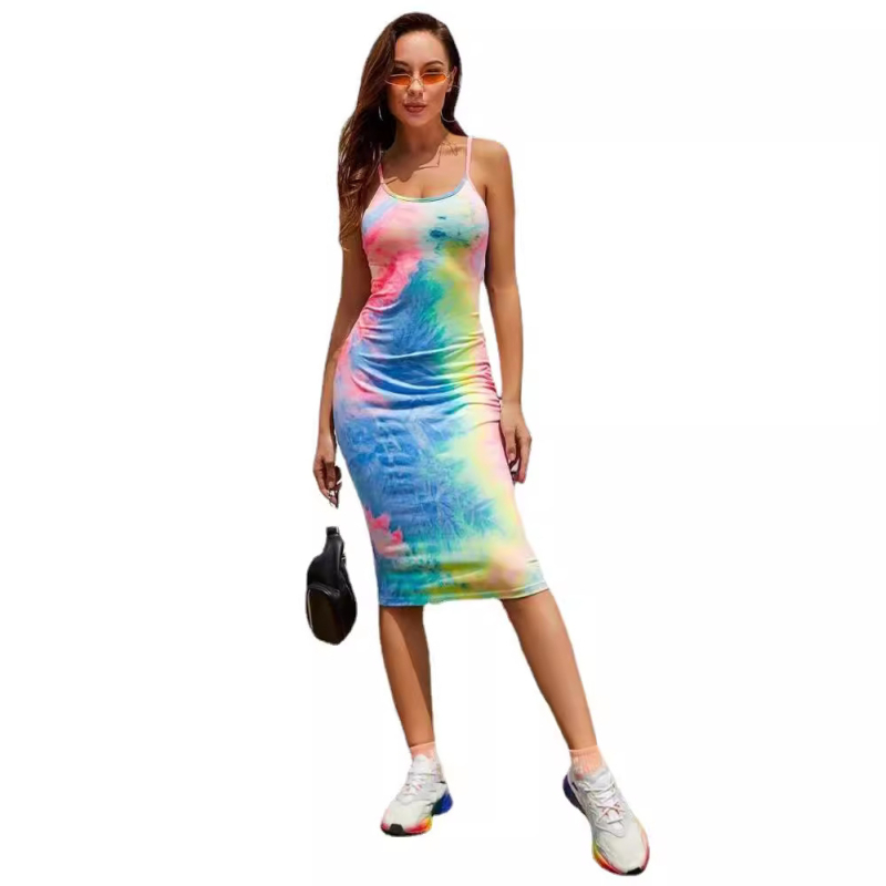 Haljina s trakama špagete, prekrižene leđa, tie-dye otisak na materijalu imitacije pamuka, visokim strukom