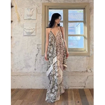 Rochie lungă boemă imprimată, cu halter, talie lejeră, tiv neregulat, stil pulover