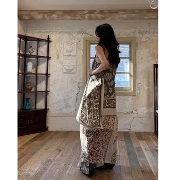 Rochie lungă boemă imprimată, cu halter, talie lejeră, tiv neregulat, stil pulover