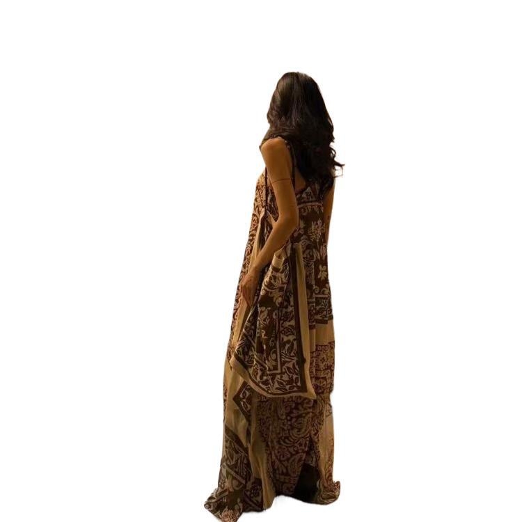 Rochie lungă boemă imprimată, cu halter, talie lejeră, tiv neregulat, stil pulover