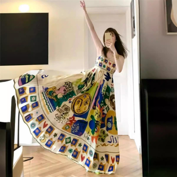 Rochie cu bretele, imprimeu graffiti, talie înaltă, croială în formă A, stil etno-retro