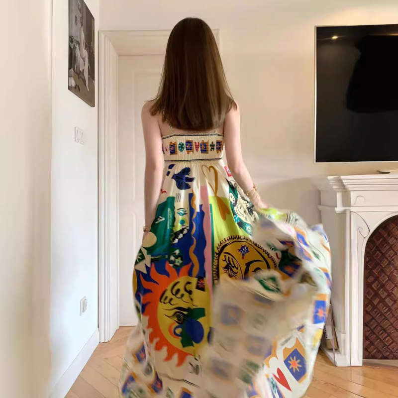 Rochie cu bretele, imprimeu graffiti, talie înaltă, croială în formă A, stil etno-retro