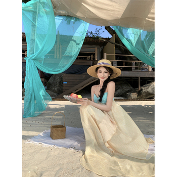 Rochie din cânepă cu bretele, model bloc, lungă, talie înaltă