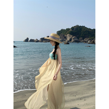 Rochie din cânepă cu bretele, model bloc, lungă, talie înaltă