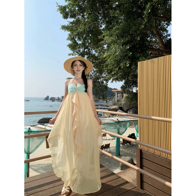 Rochie din cânepă cu bretele, model bloc, lungă, talie înaltă