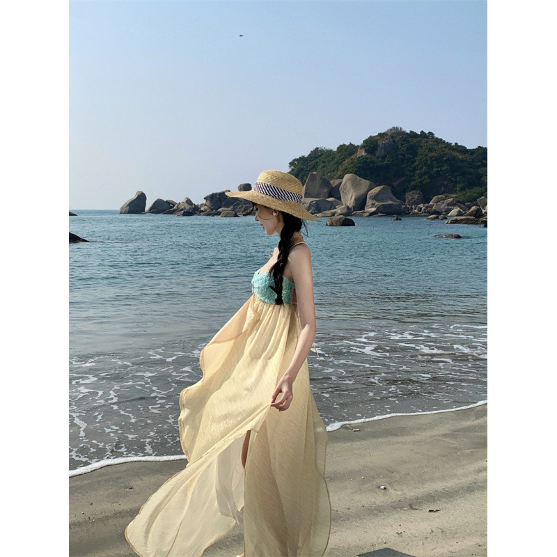 Rochie din cânepă cu bretele, model bloc, lungă, talie înaltă