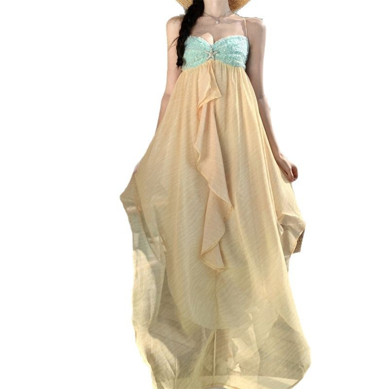 Rochie din cânepă cu bretele, model bloc, lungă, talie înaltă