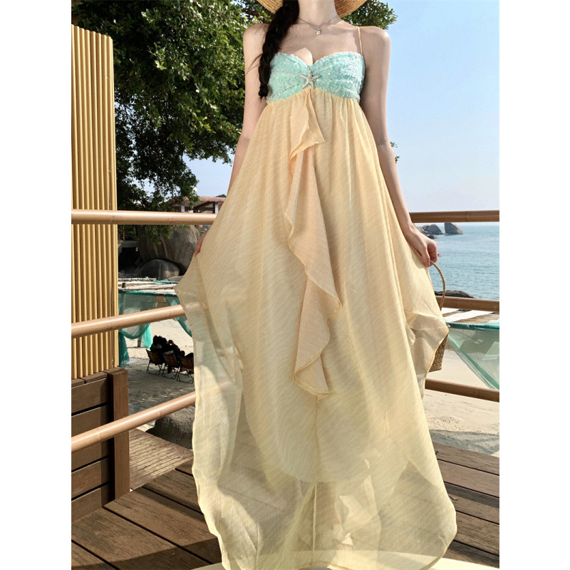 Rochie din cânepă cu bretele, model bloc, lungă, talie înaltă