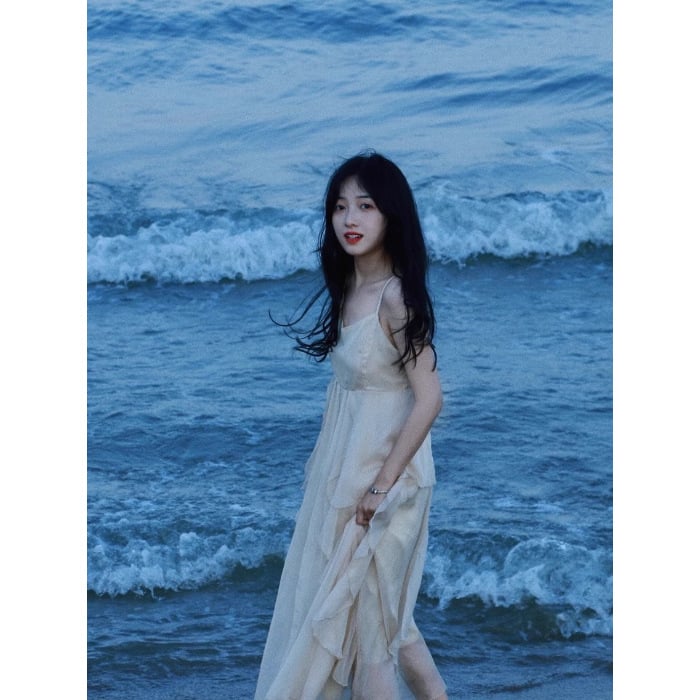 rochie midi de plajă cu bretele, fără mâneci, poliester, stil chinezesc, vară 2024