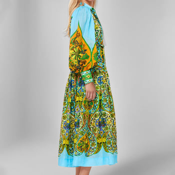 Rochie din poliester cu imprimeu, mâneci lungi, fustă lungă cu talie înaltă — rezistentă la cute