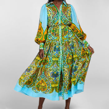 Rochie din poliester cu imprimeu, mâneci lungi, fustă lungă cu talie înaltă — rezistentă la cute