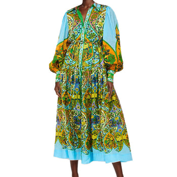 Rochie din poliester cu imprimeu, mâneci lungi, fustă lungă cu talie înaltă — rezistentă la cute