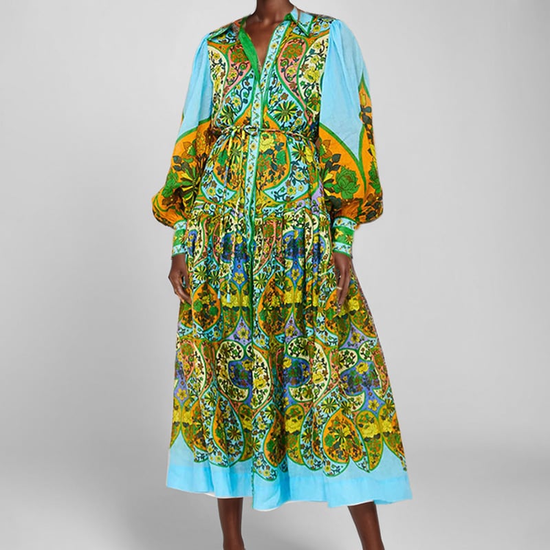 Rochie din poliester cu imprimeu, mâneci lungi, fustă lungă cu talie înaltă — rezistentă la cute