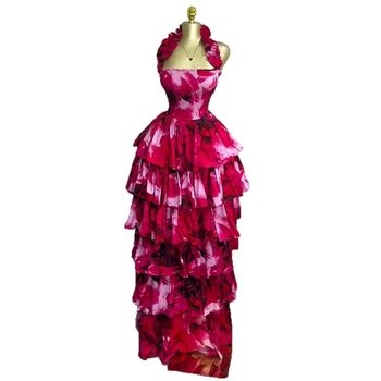 Rochie lungă asimetrică cu imprimeu geometric, poliester, guler halter, fără mâneci