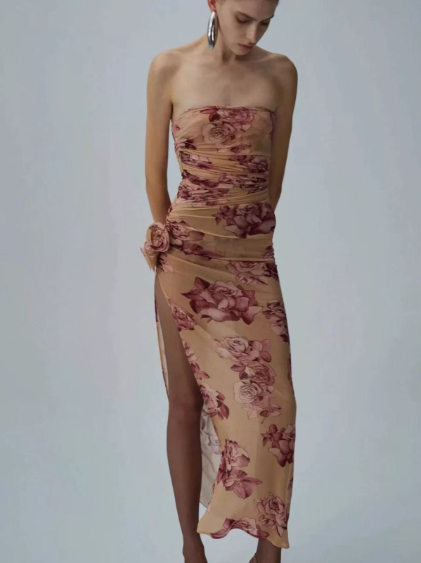 rochie cu imprimeu floral retro, poliester, lungime midi, fără guler, fără mâneci