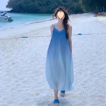 Rochie de plajă pentru femei Norns Girl — fără mâneci, bretele, model tie-dye, lungă, 95% poliester, vara 2024