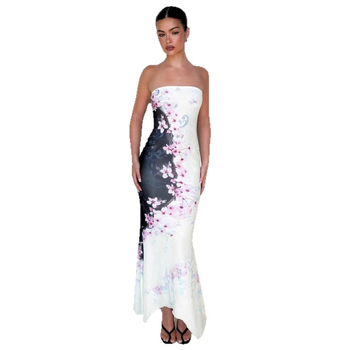 Rochie - fără mâneci, stil tube-top, lungă, imprimare neregulată, poliester-elastan