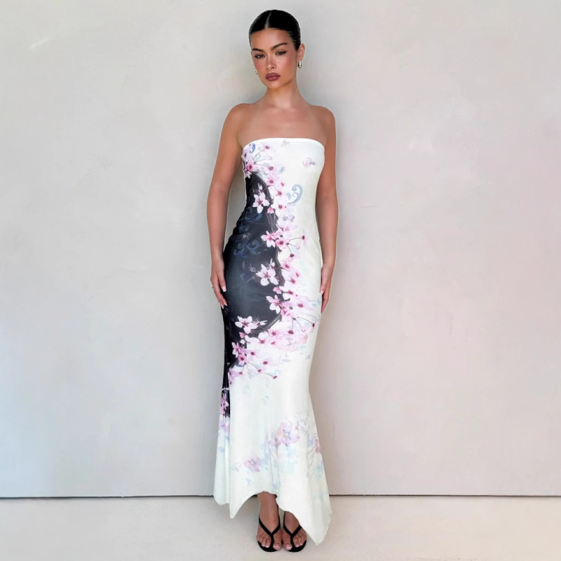 Rochie - fără mâneci, stil tube-top, lungă, imprimare neregulată, poliester-elastan