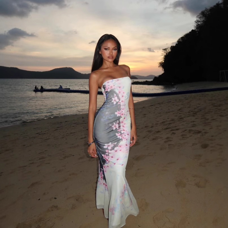 Rochie - fără mâneci, stil tube-top, lungă, imprimare neregulată, poliester-elastan