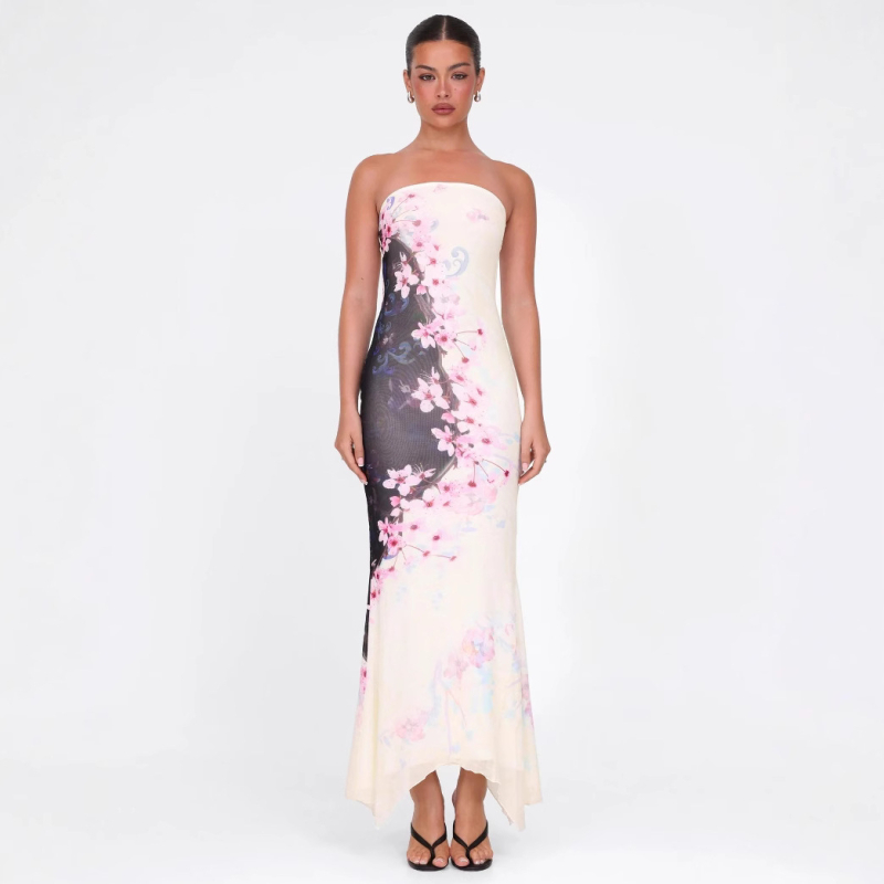 Rochie - fără mâneci, stil tube-top, lungă, imprimare neregulată, poliester-elastan