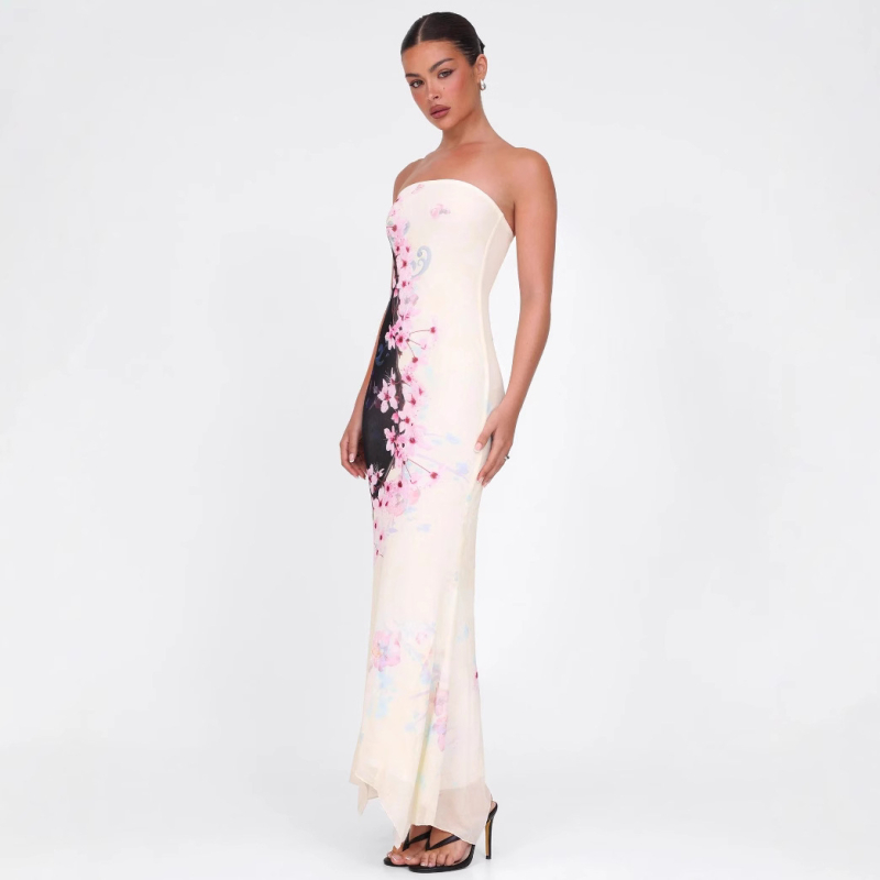 Rochie - fără mâneci, stil tube-top, lungă, imprimare neregulată, poliester-elastan