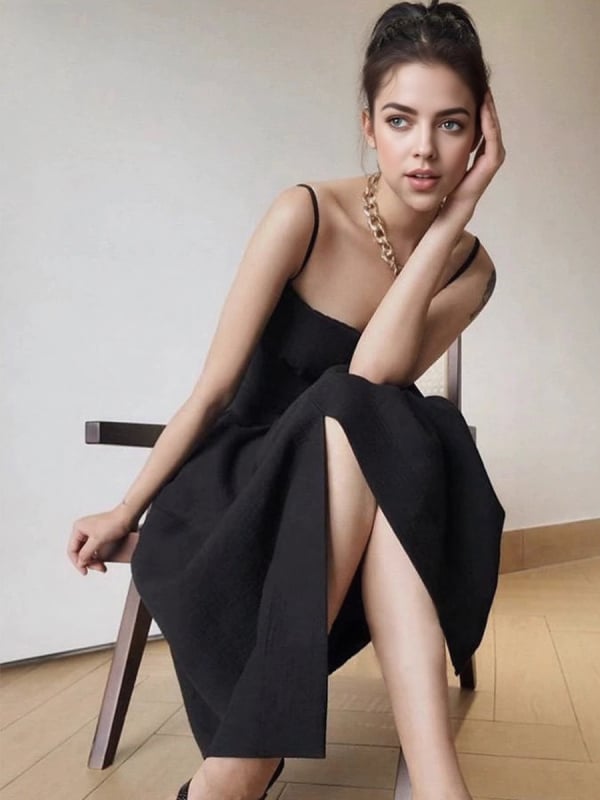 Rochie lungă tip slip cu talie înaltă, croială A-line, fără mâneci, guler drept, viscoză uni, detaliu de îmbinare, stil de vacanță, toamnă 2025