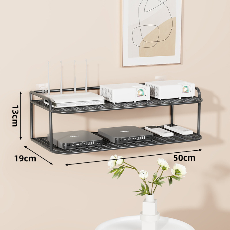 Suport de perete multifuncțional pentru TV box, proiector și router – fier, 2 niveluri, stil modern minimalist