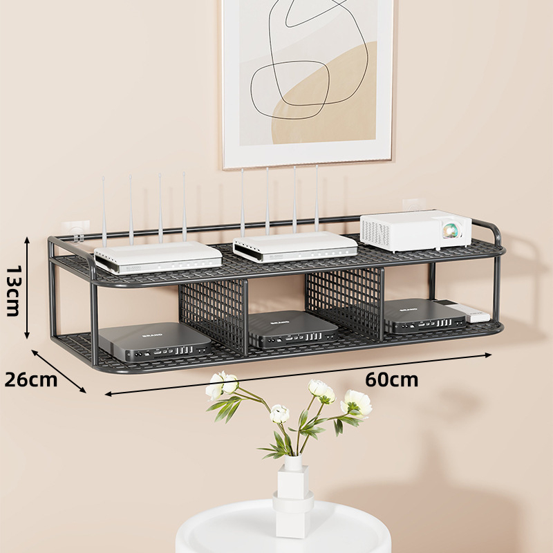 Suport de perete multifuncțional pentru TV box, proiector și router – fier, 2 niveluri, stil modern minimalist