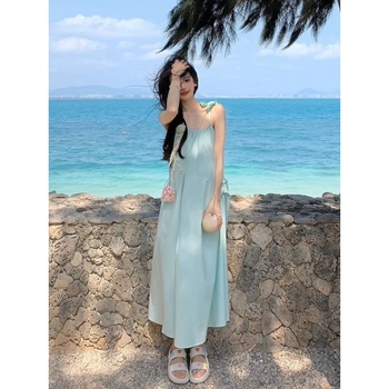 rochie cu bretele, croială A-line, talie înaltă, fără mâneci, dintr-o singură bucată, poliester, vară 2025