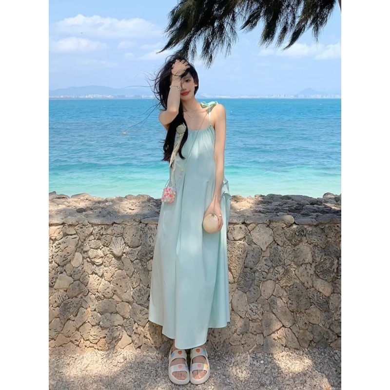 rochie cu bretele, croială A-line, talie înaltă, fără mâneci, dintr-o singură bucată, poliester, vară 2025