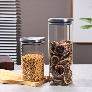 Borcan din sticlă sigilat pentru cereale, gustări și ceai, pătrat, 1–2 L, compatibil cu microunde