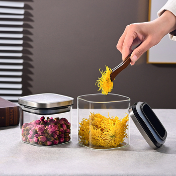 Borcan din sticlă sigilat pentru cereale, gustări și ceai, pătrat, 1–2 L, compatibil cu microunde