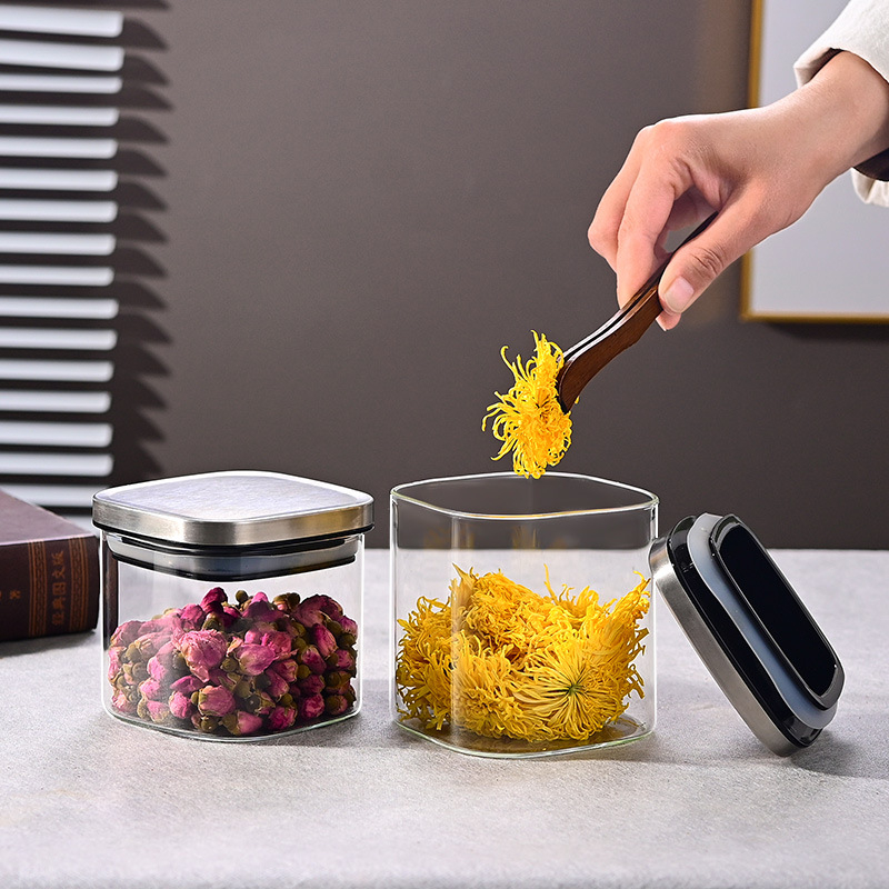 Borcan din sticlă sigilat pentru cereale, gustări și ceai, pătrat, 1–2 L, compatibil cu microunde