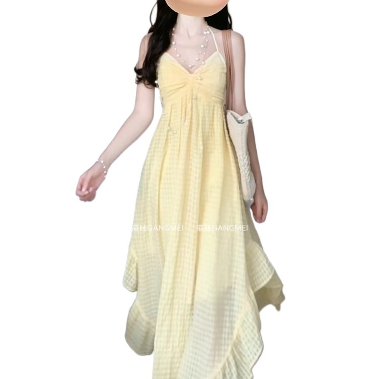 Rochie A-line, imprimeu grilă, decolteu halter-back, fără mâneci, lungime midi, talie înaltă