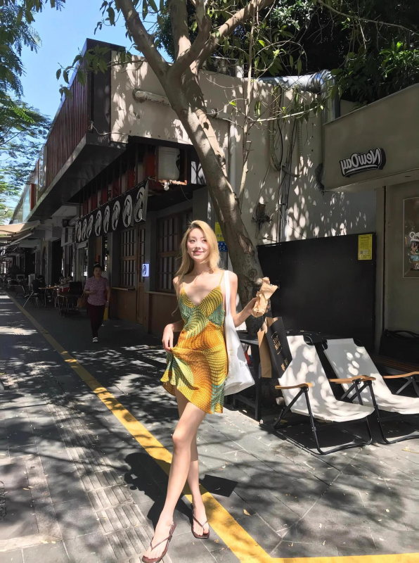 Plažna haljina u stilu Hongkong retro, A-linija, visok pas, poliester