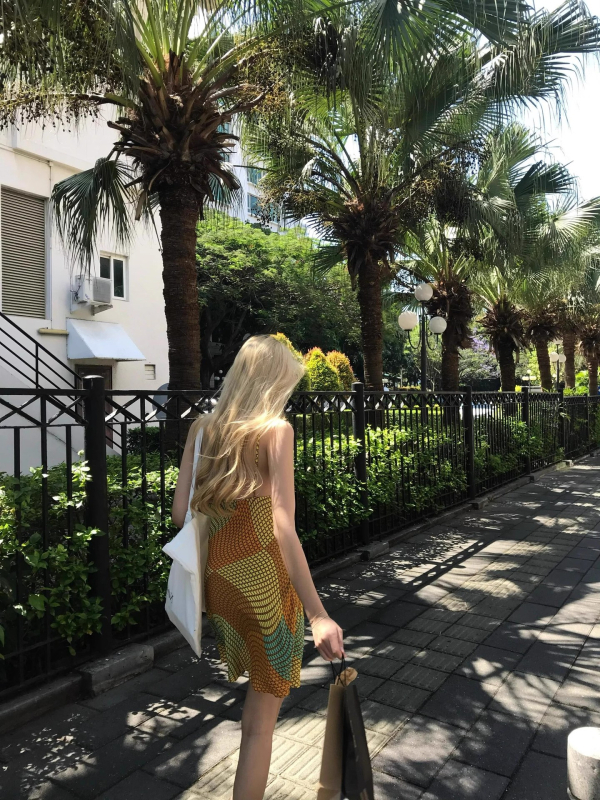 Plažna haljina u stilu Hongkong retro, A-linija, visok pas, poliester