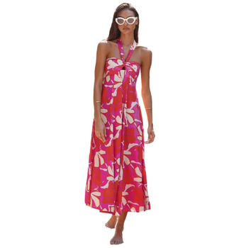 Poliesterska haljina s cvjetnim uzorkom, halter izrez, A-linijski kroj, duga, bez rukava