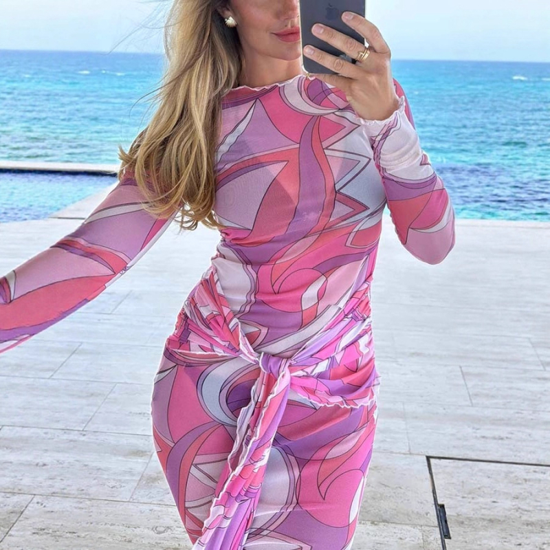 Haljina s printom, pull-over stil, visokim strukom, dugi rukavi, maxi duljina