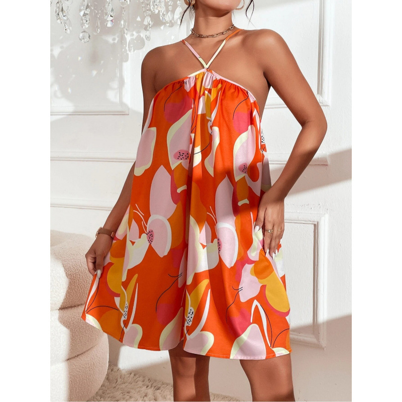 Haljina s halter vratom, bez rukava, trake, kratka duljina, all-over print