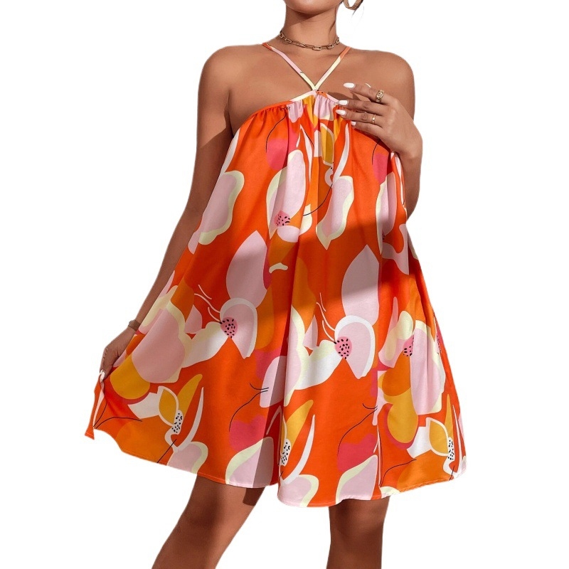 Haljina s halter vratom, bez rukava, trake, kratka duljina, all-over print