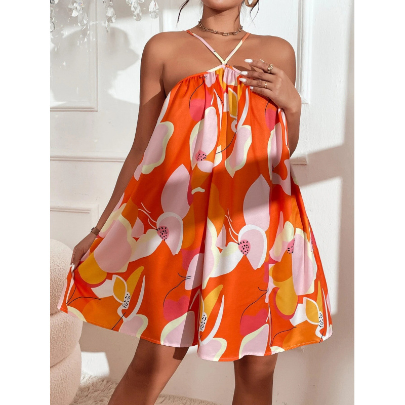 Haljina s halter vratom, bez rukava, trake, kratka duljina, all-over print