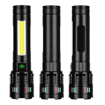 Фенер с лазер и COB LED, USB зареждане, цифров дисплей, за къмпинг и навън (50 W; 6000 mAh; обхват над 500 m; водоустойчив)