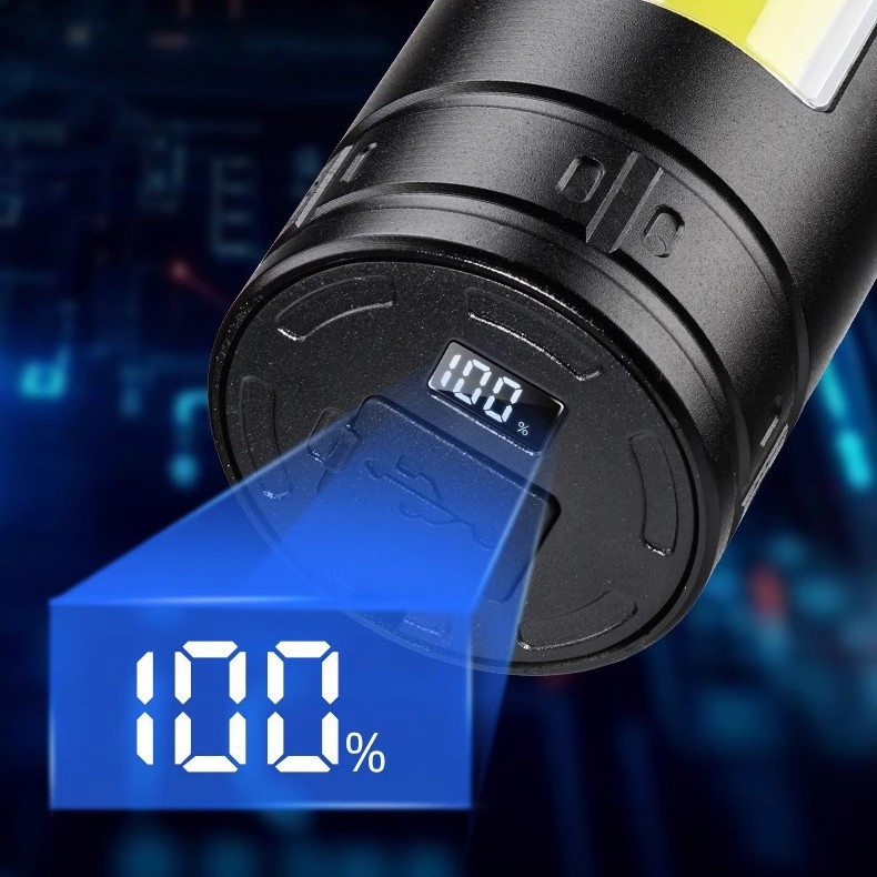 Фенер с лазер и COB LED, USB зареждане, цифров дисплей, за къмпинг и навън (50 W; 6000 mAh; обхват над 500 m; водоустойчив)