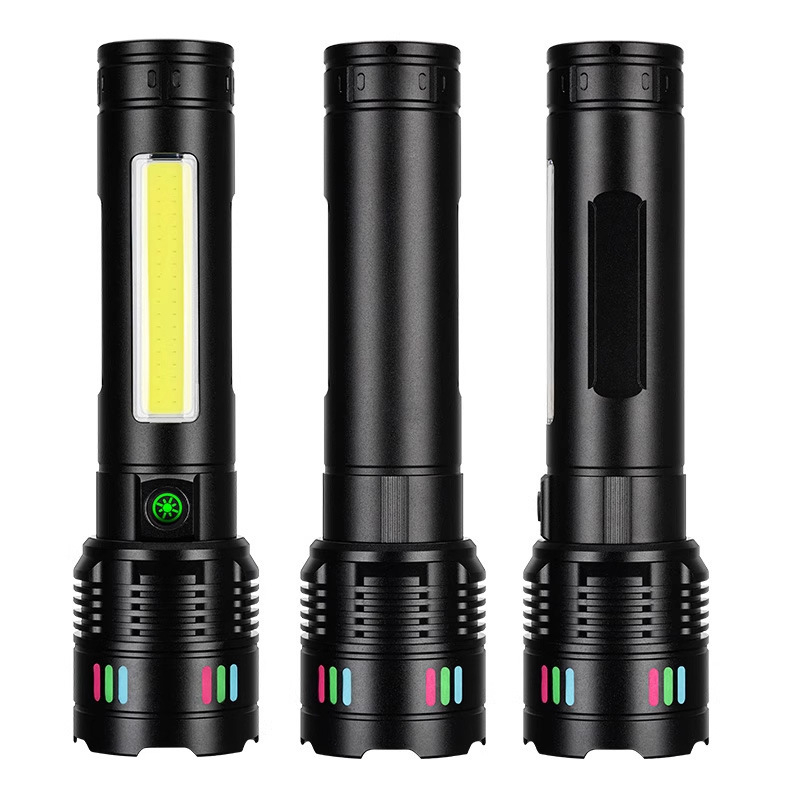 Фенер с лазер и COB LED, USB зареждане, цифров дисплей, за къмпинг и навън (50 W; 6000 mAh; обхват над 500 m; водоустойчив)