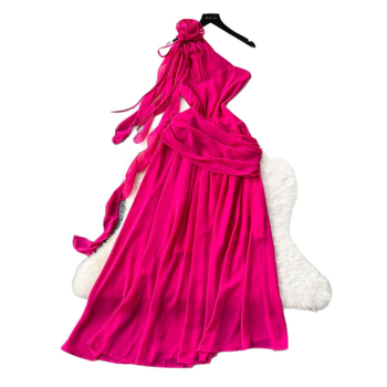 Rochie din chiffon fără mâneci, croială A-line, decolteu înclinat, talie înaltă