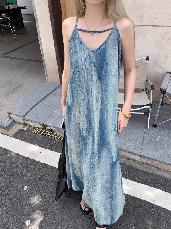 rochie fără mâneci cu bretele, decolteu U, croială A, lungime medie, poliester, model pictură, stil pulover, Guangzhou